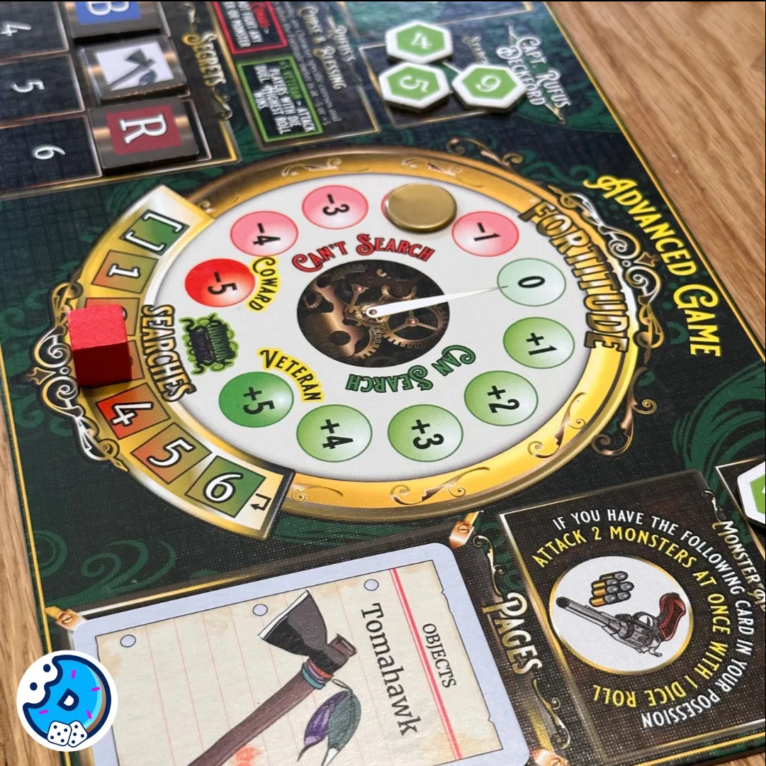 Detailed close-up of a finished board game dashboard and components