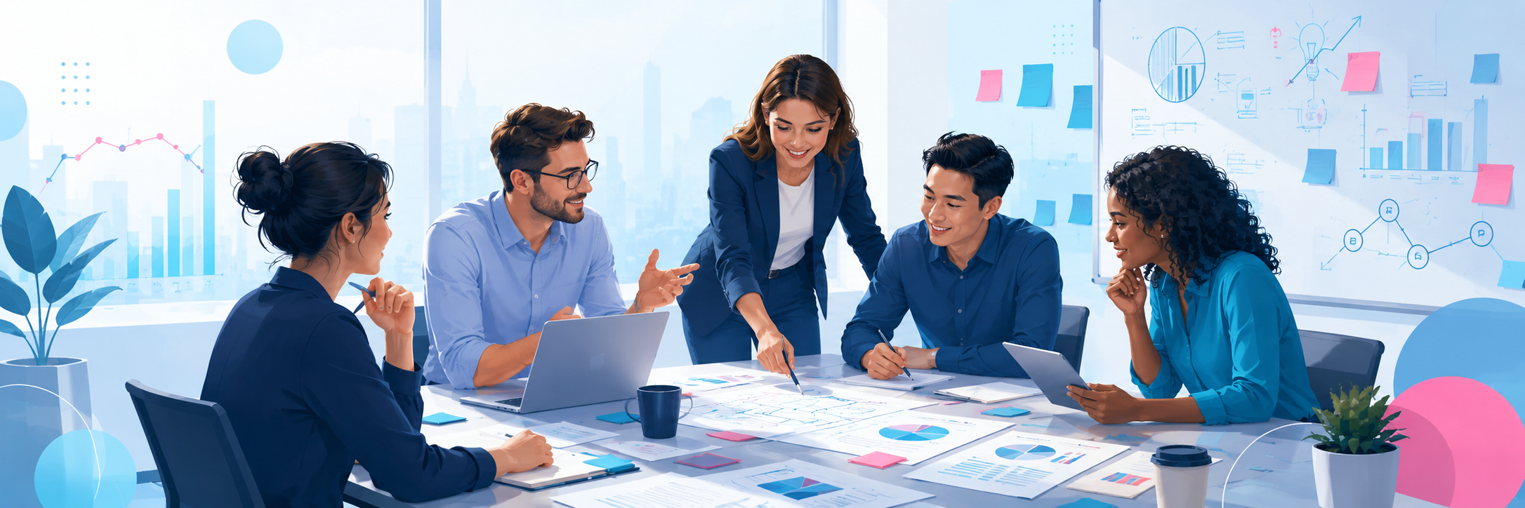 Illustrations for startup growth, technology security and AI business consulting.