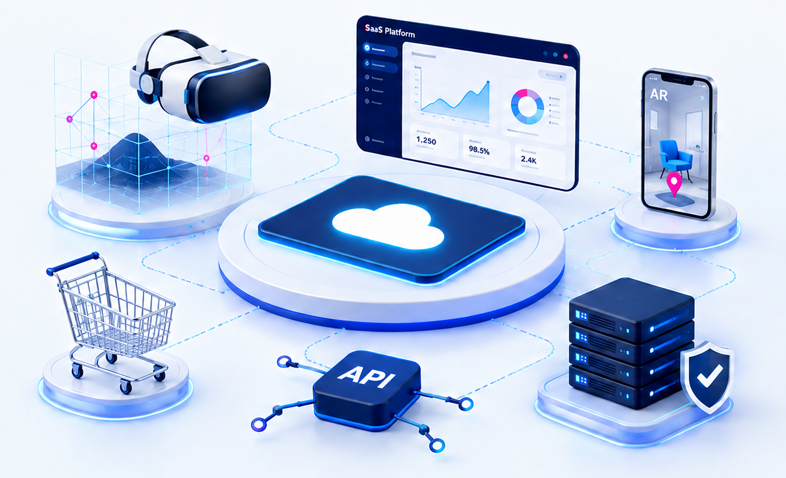 Connected software services, API, cloud, SaaS and business system integration illustration